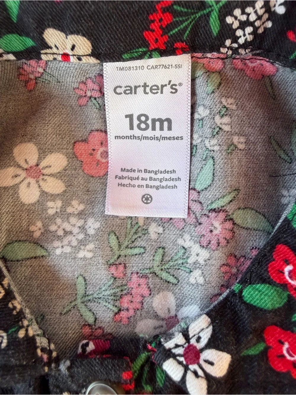 Carter's Black Floral Button-Front Top with Red and White Blooms Size 18M